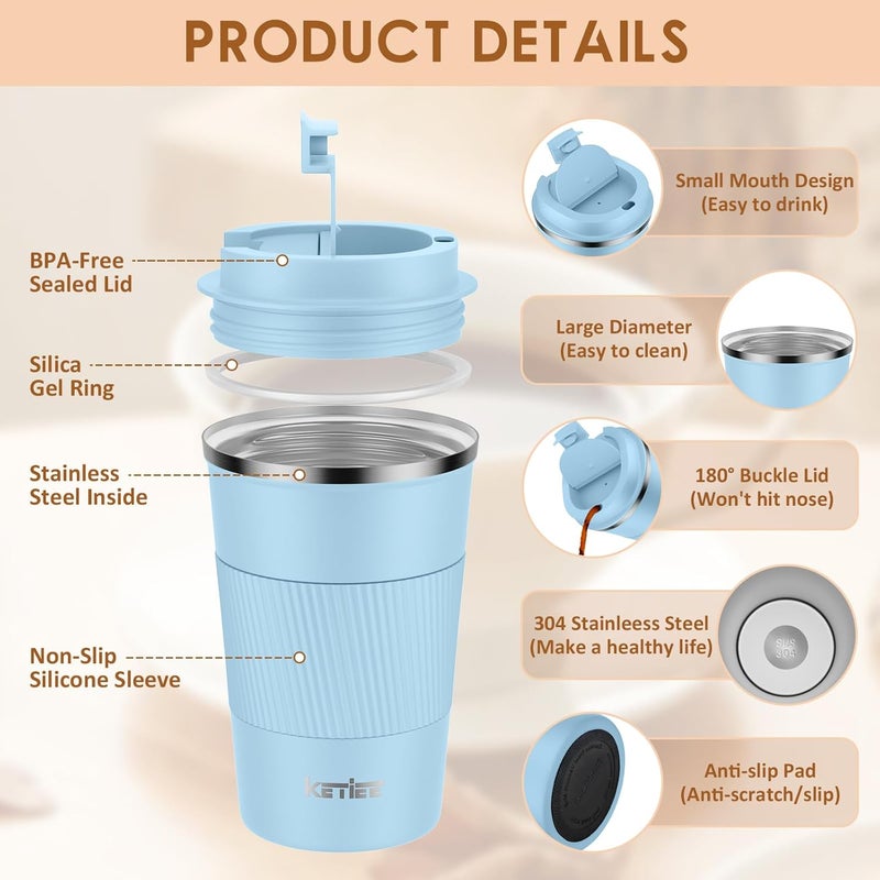 KETIEE Travel Mug 12oz, Insulated Coffee Mug with Leakproof Lid, Travel Coffee Mug Vacuum Stainless Steel Double Walled Reusable Coffee Cup for Hot and Iced Coffee Tea Water - Image 3